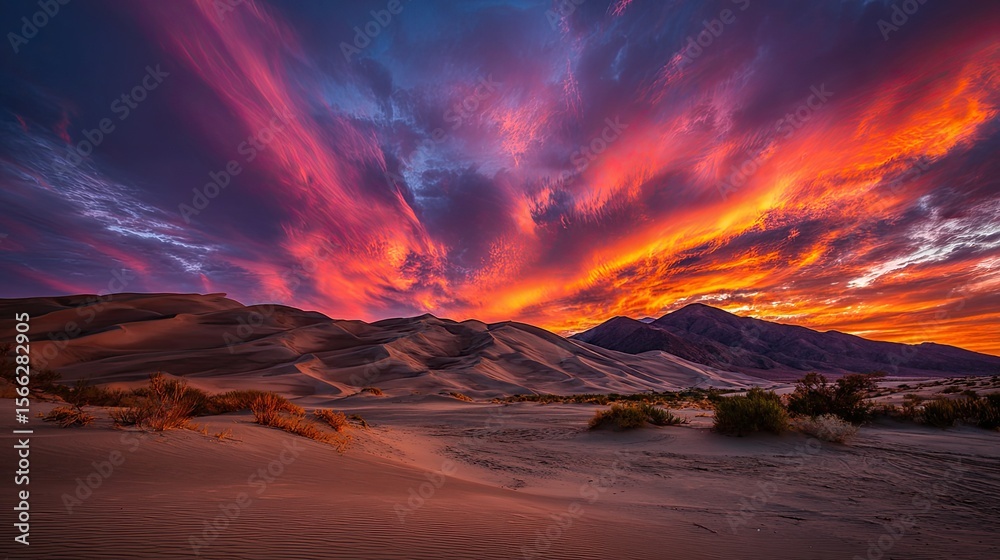 Fototapeta premium Vibrant Desert Sunset with Fiery Sky and Sand Dunes