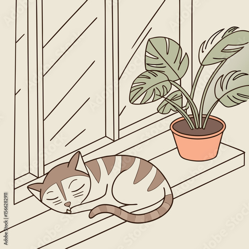 A sleeping cat curled up on a windowsill next to a potted plant with large green leaves indoors scene view
