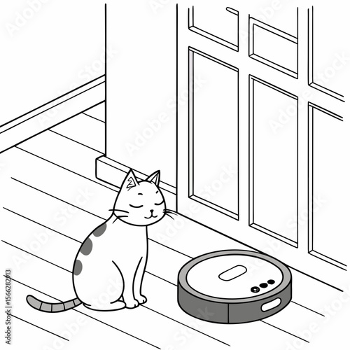 A cat sitting near a robot vacuum cleaner on a wooden floor in front of a paneled door and corner space