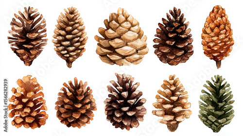 Set of hand-painted watercolor pine cones, representing coniferous trees, for botanical and forest-themed designs
