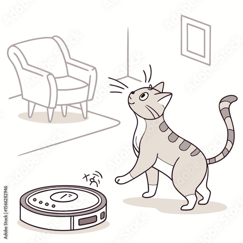 Cat curiously looking at a robot vacuum cleaner in a room with a chair and a picture on the wall