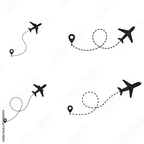 Line path vector icons of air plane flight routes with start point and 
dash line trace. Travel concept Dotted path airplane Aircraft tracking.
