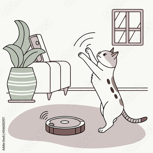 A cat reaching up towards the window while a robot vacuum cleans the floor in a cozy living room scene
