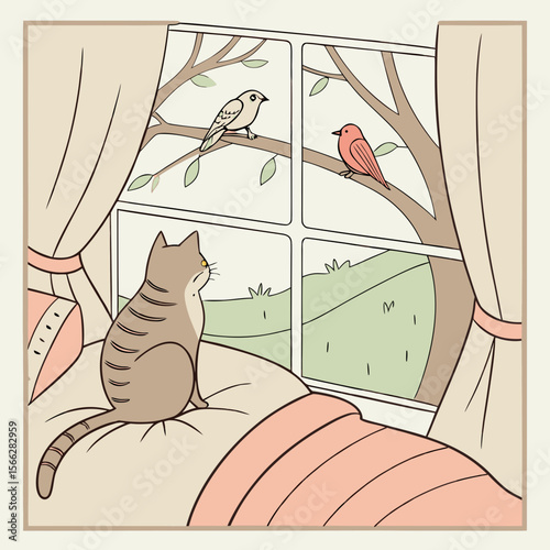 A cat sitting on a bed looking out of a window at two birds in a tree in a peaceful illustration