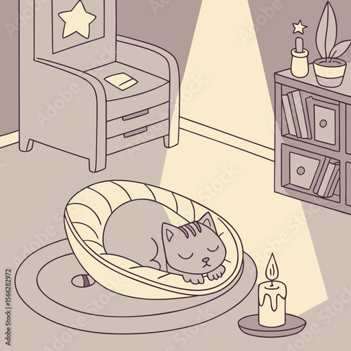 A cozy scene featuring a sleeping cat in a bed near a candle with furniture and a bookshelf around it