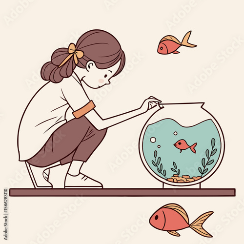 A girl looking at a fishbowl with fish inside, with other fish around, on a shelf in a simple style