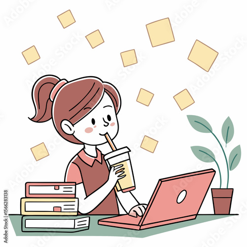 A girl with ponytail drinking from a cup while using a laptop with books and plant on the side art