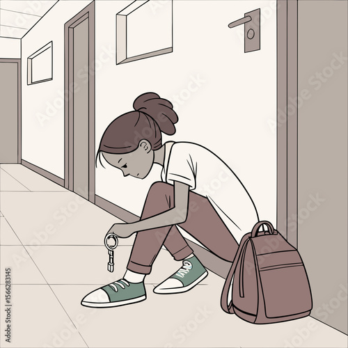 A young woman sits on the floor in a hallway with a backpack and keys looking down in a thoughtful pose