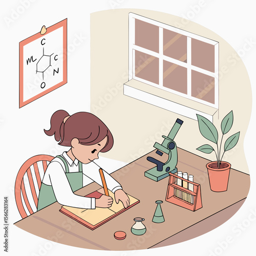 Girl studying science at desk with microscope test tubes plant and chemical structure on wall near window