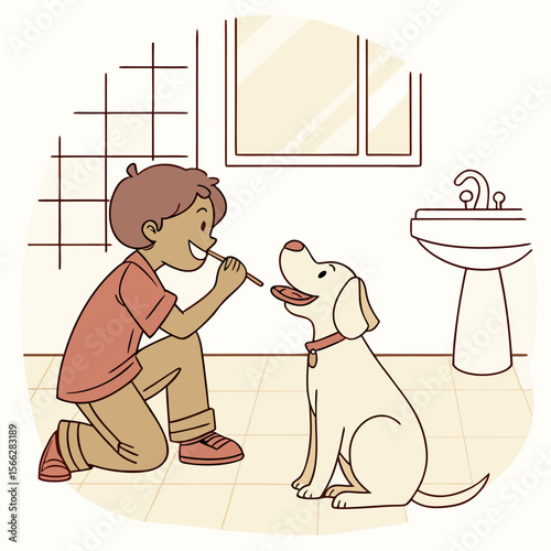 A young boy kneeling and brushing the teeth of a happy dog in a bathroom with a sink and window present