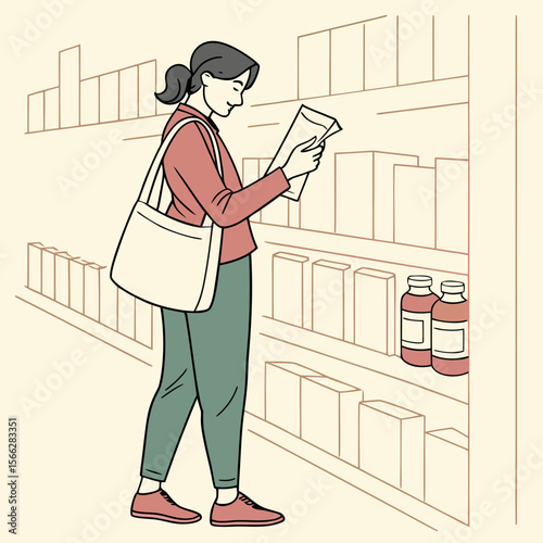Woman with a bag reading a document in a store aisle with shelves stocked with various products items