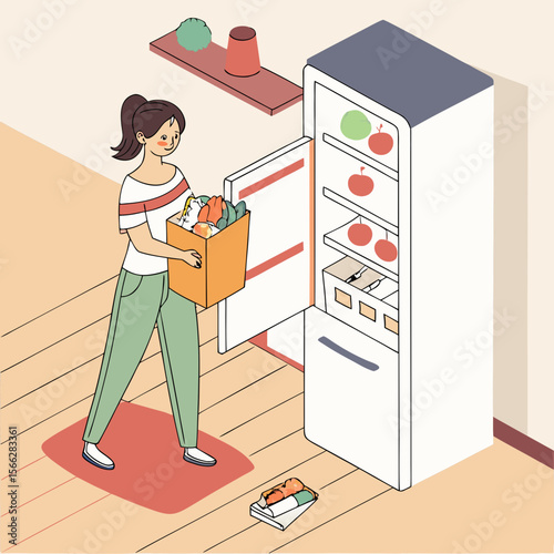 A woman is putting groceries into a white refrigerator in a kitchen with wooden floors and a rug on the floor