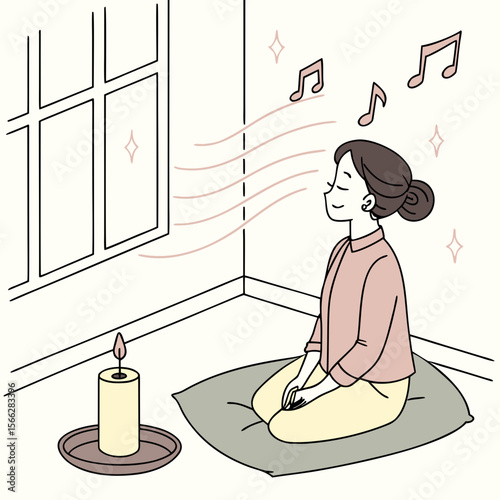 Woman meditating on a cushion with a candle and music notes in a room with a window and light sparkles