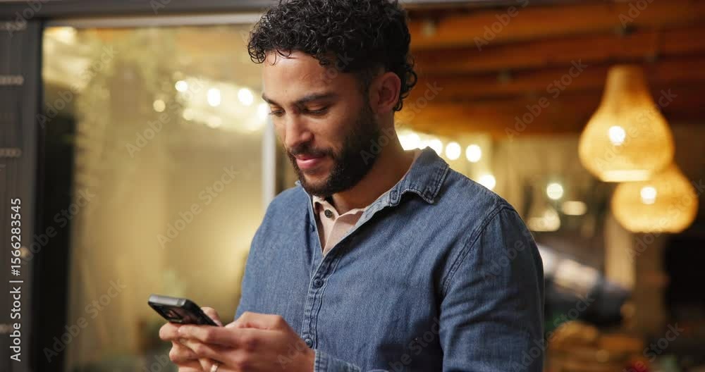 Phone, smile and man in home at night for message, internet notification or laugh at funny text. Mobile, person and communication for social media, typing and download app for online meme with bokeh