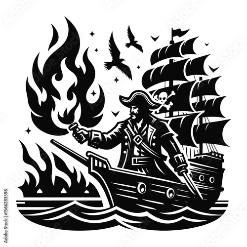 Pirate Captain on Flaming Ship - Sea Battle Illustration Vector