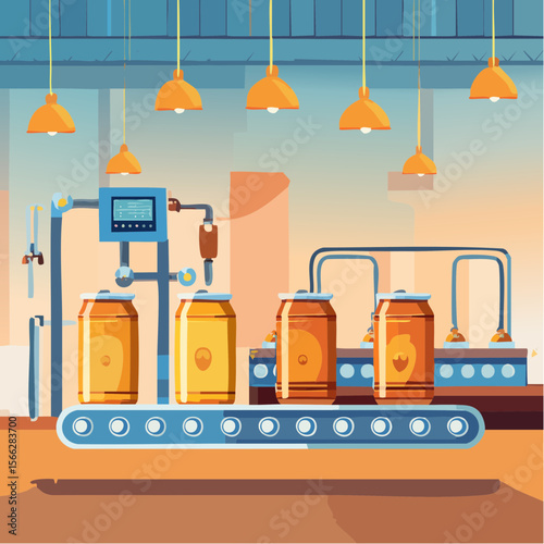 Automated beer production line with cans in factory setting