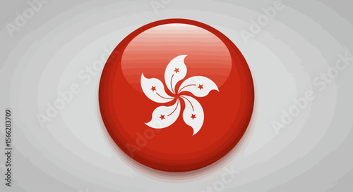A vibrant, glossy red button featuring the iconic white Bauhinia flower emblem of Hong Kong, set against a clean, neutral gray background.