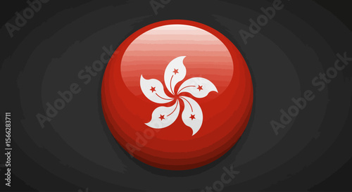 A polished, three-dimensional spherical icon vividly represents the national flag of Hong Kong, featuring the distinctive white Bauhinia flower on a bold red background.
