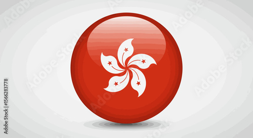 A glossy, three-dimensional spherical icon featuring the vibrant red and white flag of Hong Kong, prominently displaying the Bauhinia flower symbol on a clean background.