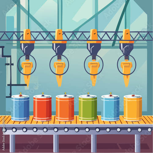 Automated beer production line with cans in factory setting