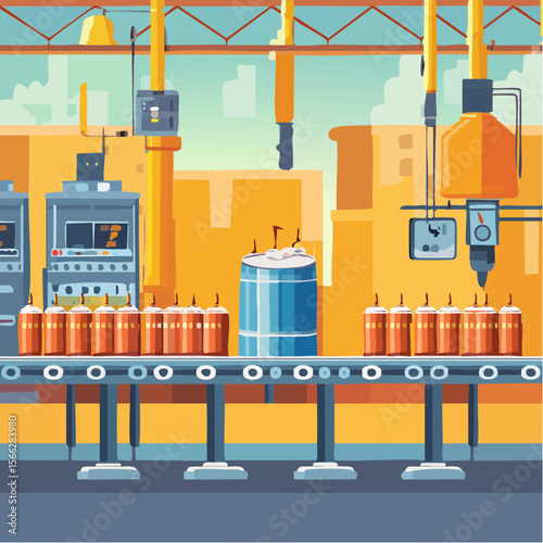 Automated beer production line with cans in factory setting