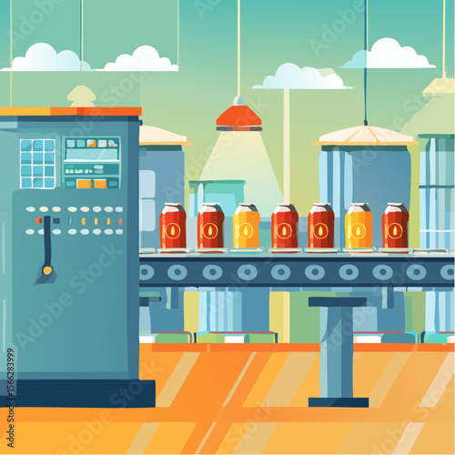 Automated beer production line with cans in factory setting