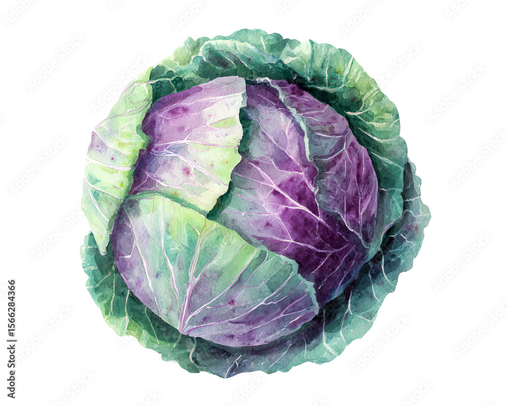 Fototapeta premium Isolate transparent. Fresh purple cabbage with vibrant green leaves. PNG Die-cut.