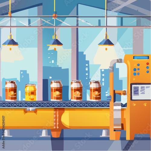 Automated beer production line with cans in factory setting