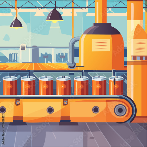 Automated beer production line with cans in factory setting