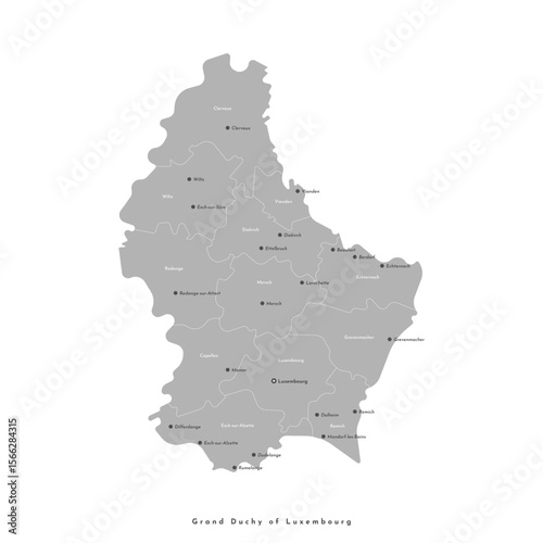 Vector isolated illustration. Simplified administrative map of Luxembourg included names of cities and regions. White background, grey shape of map