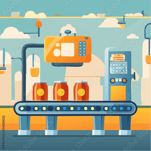 Automated beer production line with cans in factory setting