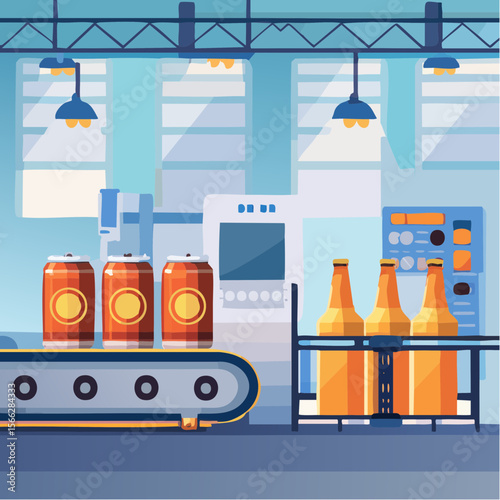 Automated beer production line with cans in factory setting