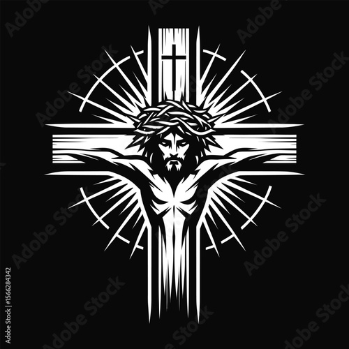 Cross with Radiant Light and Crowned Jesus - Religious Christianity Symbol