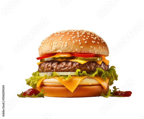 A close up shot of a burger with sesame seeds on the bun and black background for advertisement use on white background photo