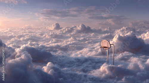 Basketball hoop emerging from a sea of clouds with a pastel sky in the background at sunrise time