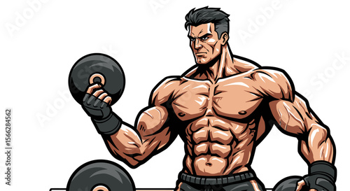 An illustration of a powerful, muscular male bodybuilder performing a bicep curl with a dumbbell, symbolizing strength and fitness.