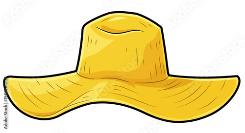 A vibrant yellow straw hat with a wide brim is depicted in a cheerful cartoon illustration, isolated on a clean white background, perfect for summer fashion.