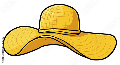 A bright yellow wide-brimmed sun hat, ideal for sunny summer days and stylish beach protection, is presented as a charming cartoon illustration.