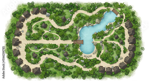 Luxurious Tropical Resort Oasis Amidst Lush Greenery Serene Getaway with Stylish Villas Sandy Paths and Refreshing Blue Water Body