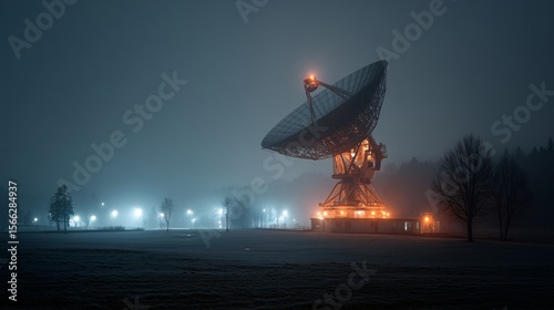 a large satellite dish radio telescope at dusk