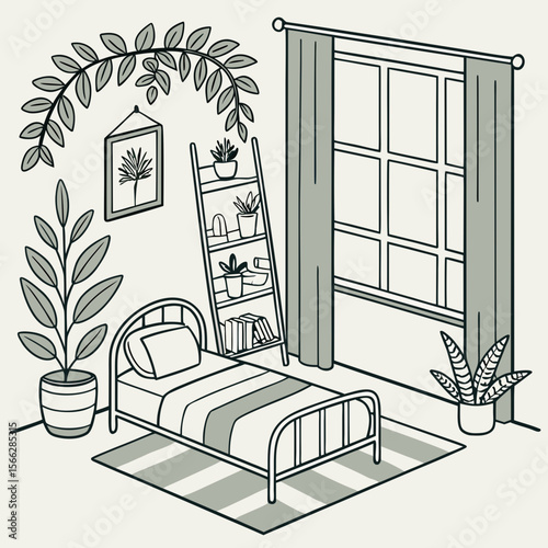 Illustration of a bedroom with a bed plants a window and a ladder shelf in a minimalist style art