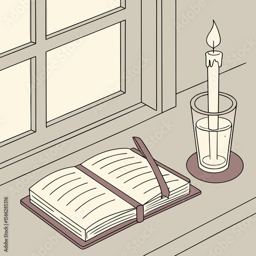 Still life scene featuring an open book with a bookmark, a candle in a glass, and a window view, indoors