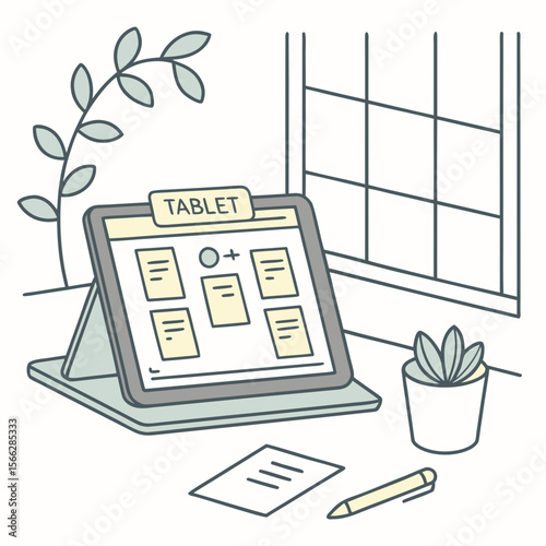 A tablet displaying a grid of notes sits on a desk next to a plant and a window with a pen and paper