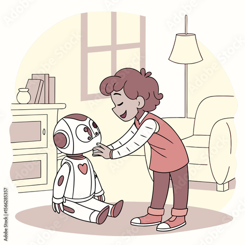 A young person interacts with a seated robot in a room with furniture and a window in the background