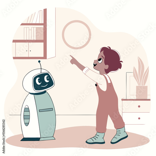 A child points upwards while a robot stands nearby in a room with a bookshelf and wall decoration