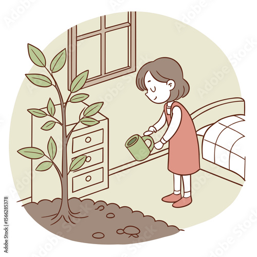 A girl watering a tree in a bedroom with a dresser, window, and bed, creating a peaceful indoor scene