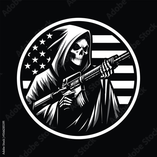 Grim Reaper with Rifle and USA Flag Background - Death Soldier Vector