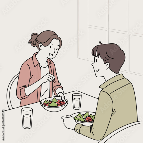 A couple enjoys a salad at a table with glasses of water in a simple line drawing illustration style art