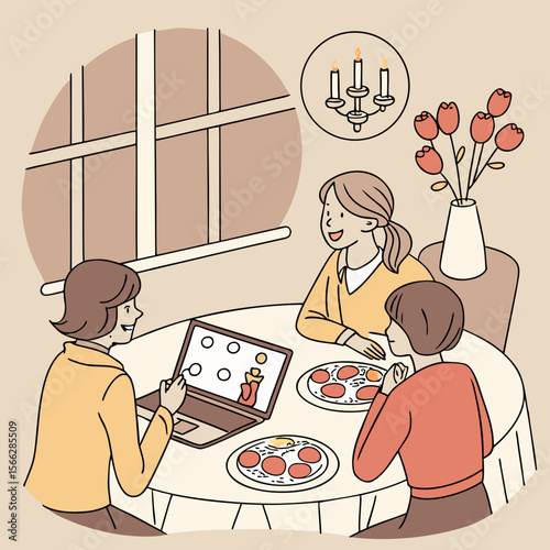 Three women at a table with pizza and a laptop showing a video call near window and chandelier