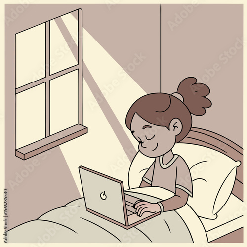 Illustration of a girl with brown hair in bed using a laptop with a window and sunlight shining through it